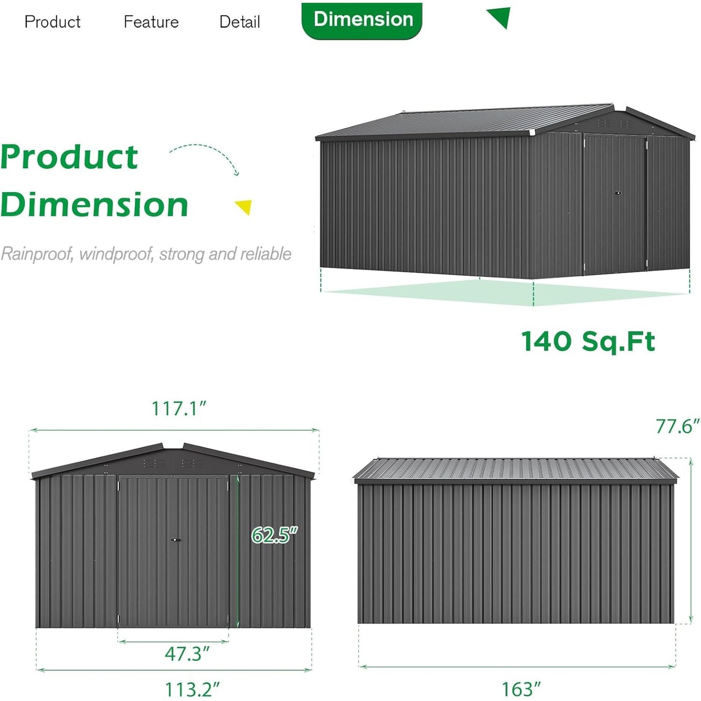 YODOLLA 10x14 Metal Outdoor Storage Garden Shed, Dark Gray