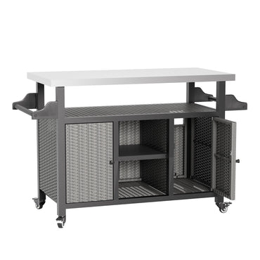 YODOLLA Rattan Outdoor Bar Cart with Wheels and Storage, Gray