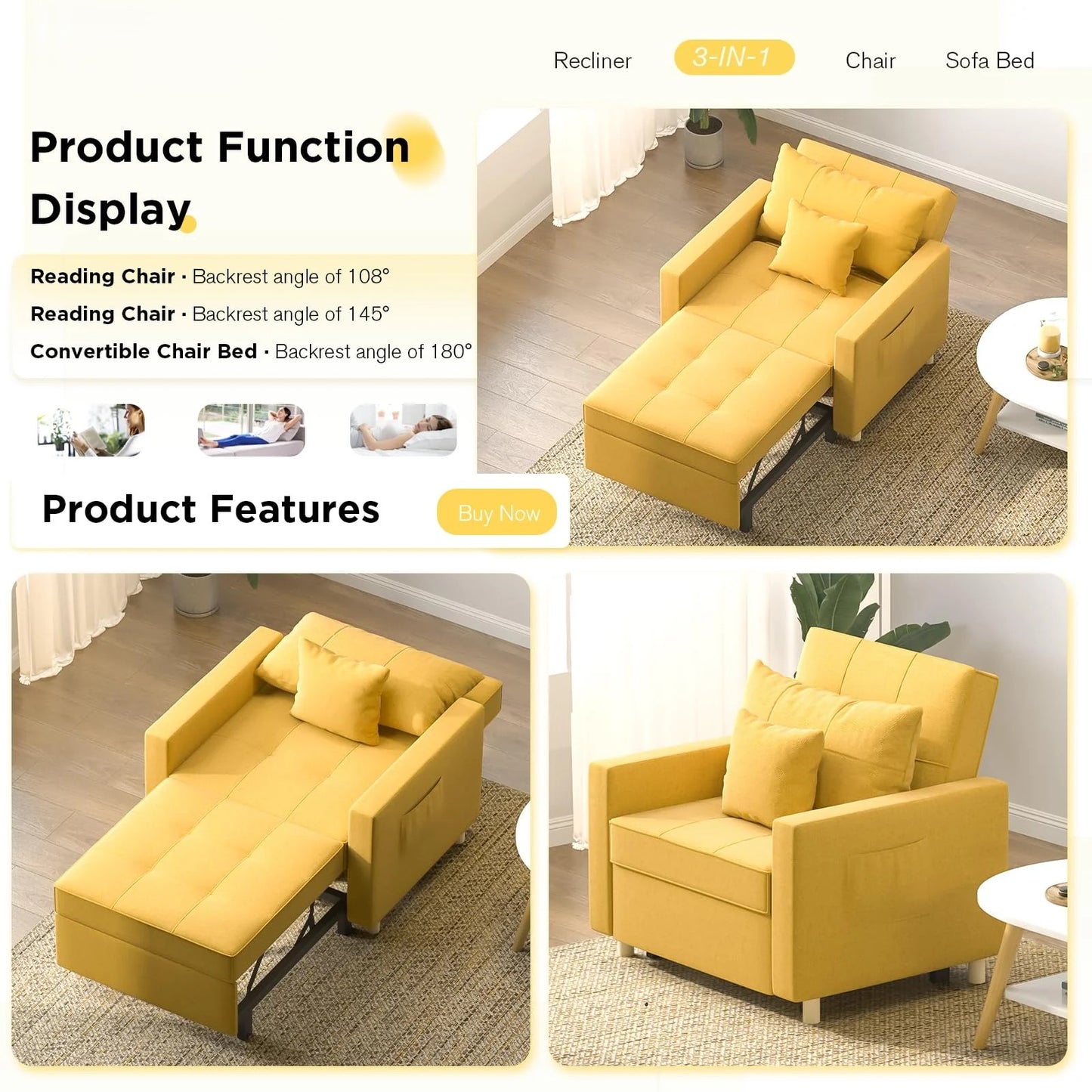 YODOLLA 36" Convertible Chair Bed, Yellow
