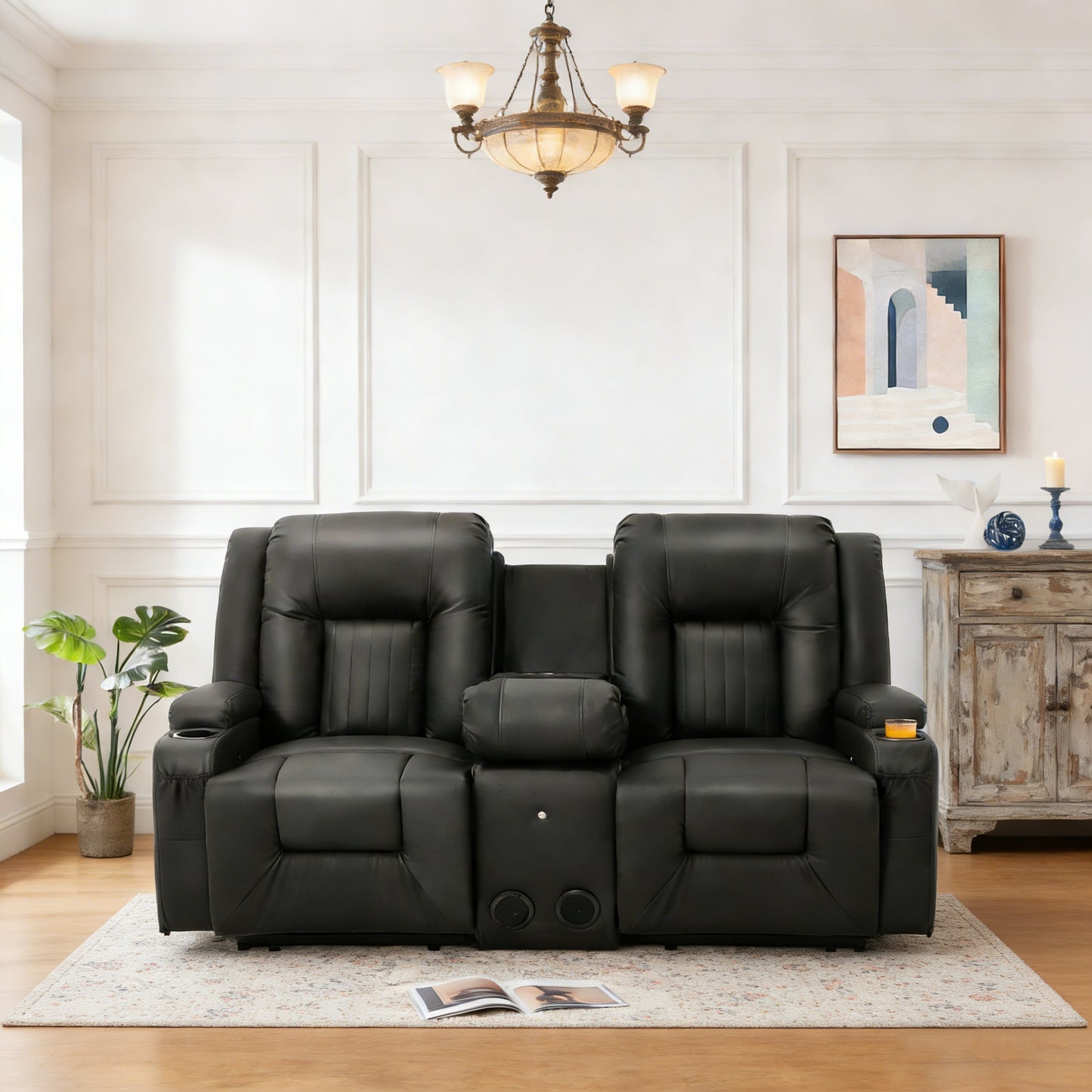 YODOLLA Faux Leather RV Loveseat w/ Console & USB, Black