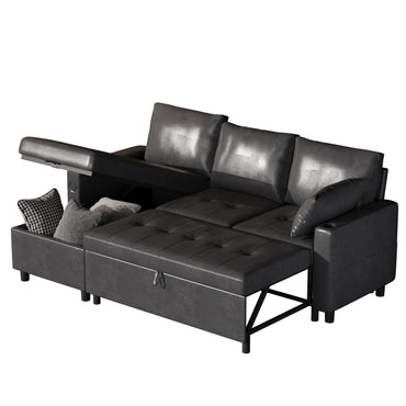 YODOLLA Faux Leather L-Shaped Sleeper Sofa, Pullout Bed, USB & Storage, Black