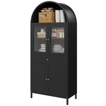 YODOLLA 73'' Kitchen Pantry, Metal Arched Storage Cabinet with Glass Doors/Adjustable Shelfs/Drawer