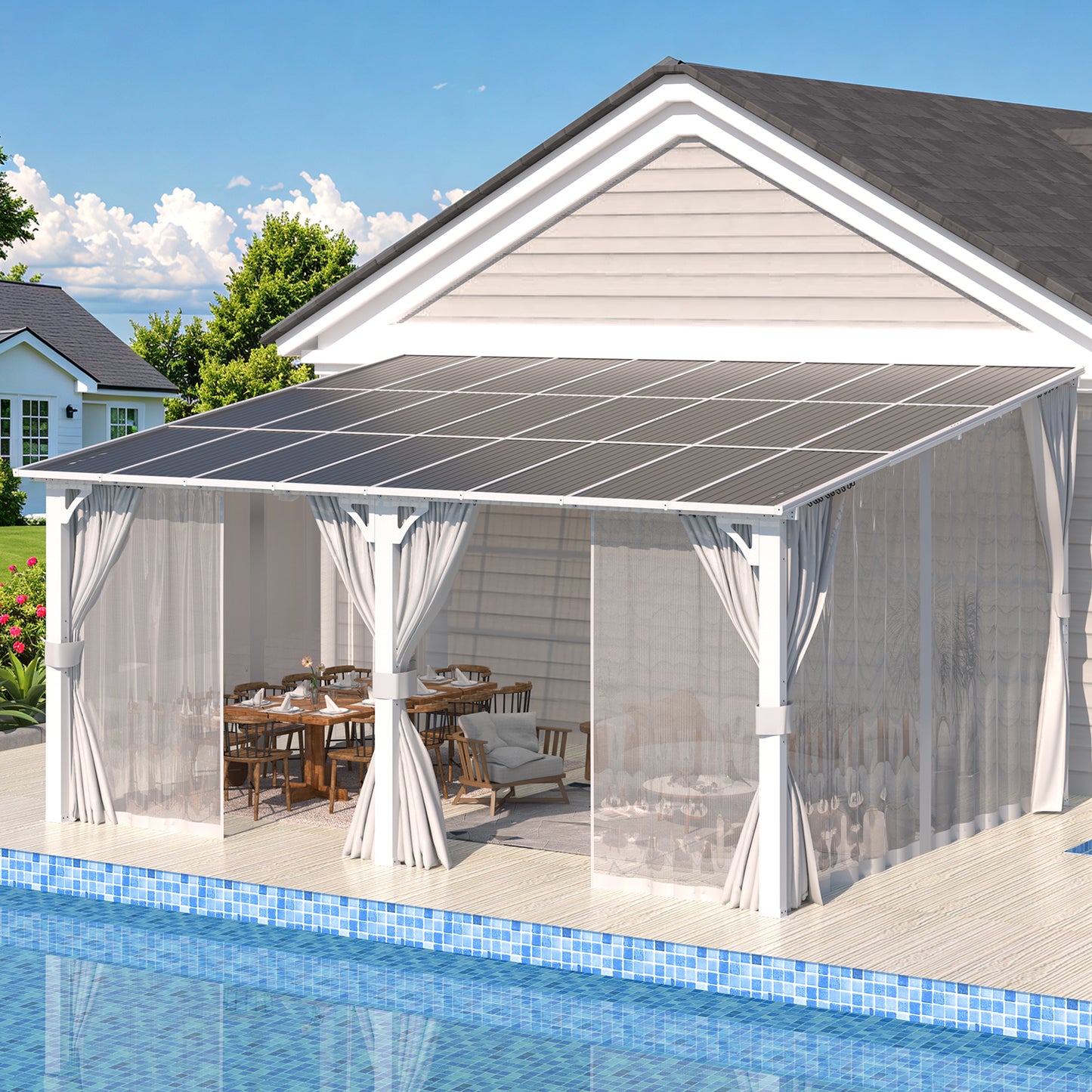YODOLLA 16'x12' Outdoor Lean to Gazebo Pergola with Curtain and Netting for Patio, White