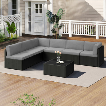 YODOLLA 7 Piece Outdoor Patio Furniture Set with 30 Inch Fire Pit Table, Black Rattan Dark Gray Cushion