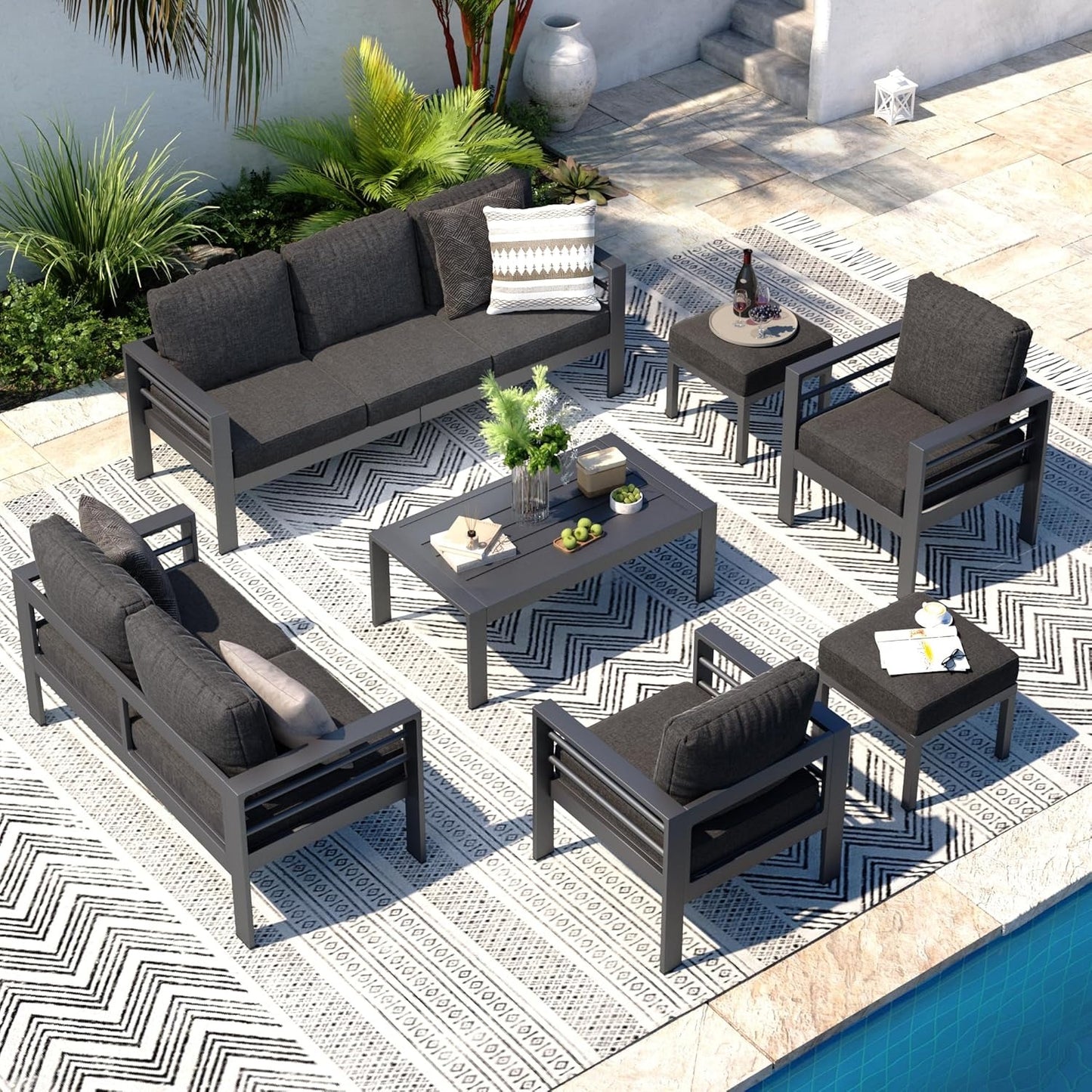 YODOLLA 7 Pieces Aluminum Patio Furniture Set, Dark Gray