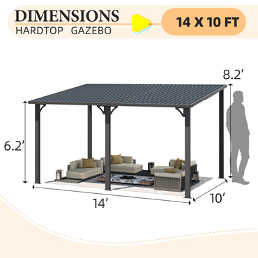 YODOLLA 14' x 10' Hard Top Lean to Gazebo Outdoor Pergola, Dark Grey