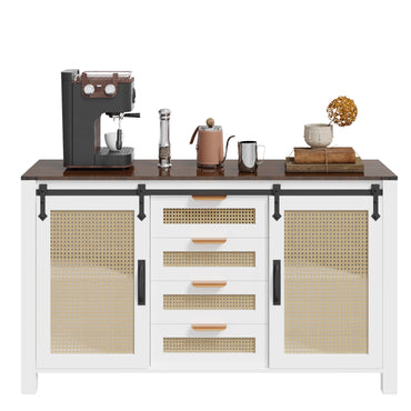 YODOLLA Farmhouse Sideboard Buffet Cabinet with Storage, Rattan Kitchen Cabinet w/Sliding Barn Doors & 4 Drawers