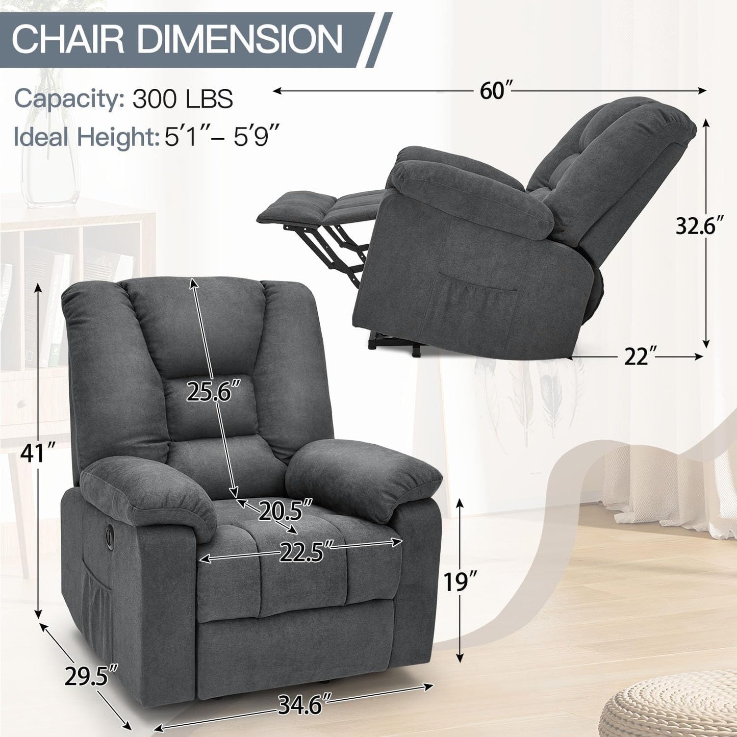 YODOLLA Massage Power Lift Recliner for Elderly, Electric Lift Chair, Carbon Fiber, Grey