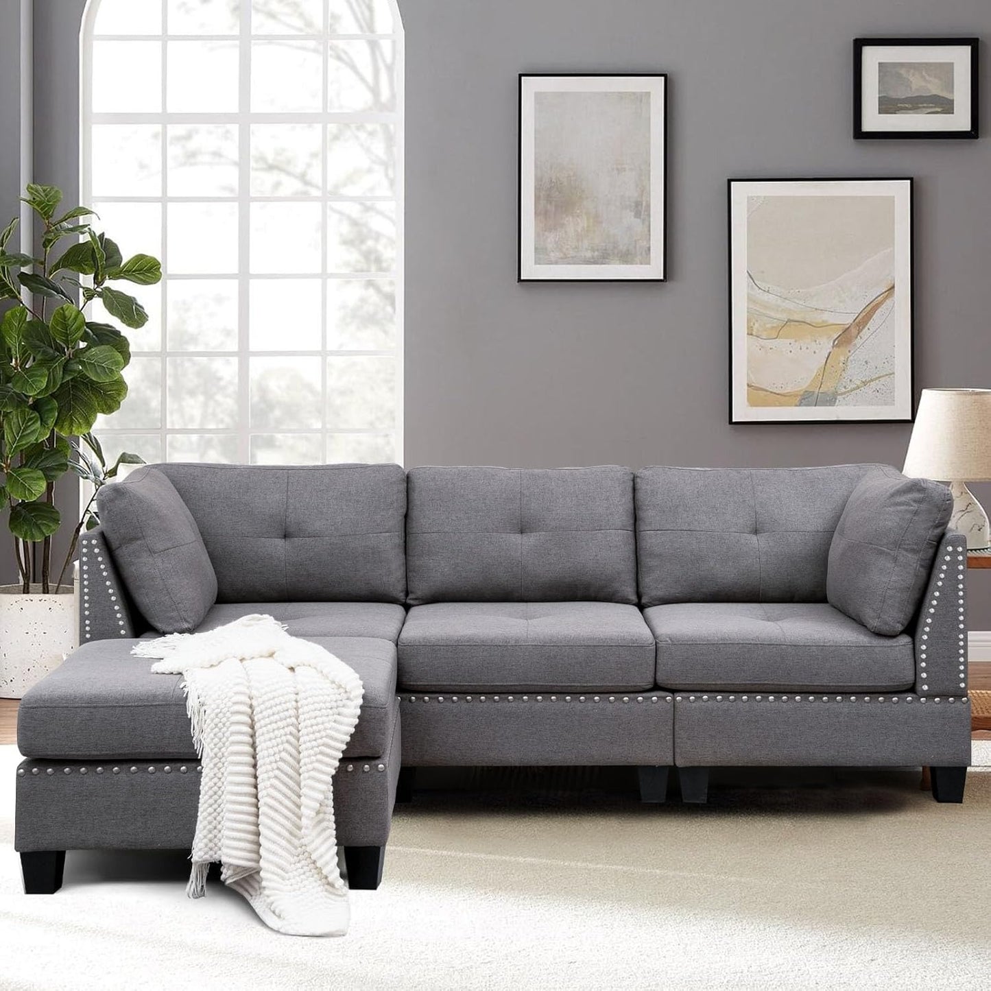 YODOLLA 88.6” L-Shaped Sofa Couch with Reversible Chaise, Fabric Gray