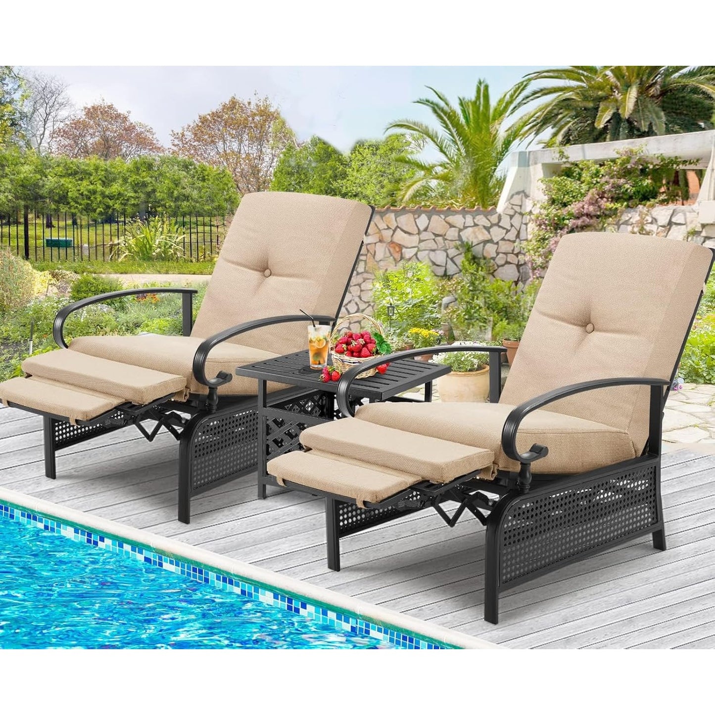 YODOLLA Outdoor Recliner Chairs Set of 2 with Side Table