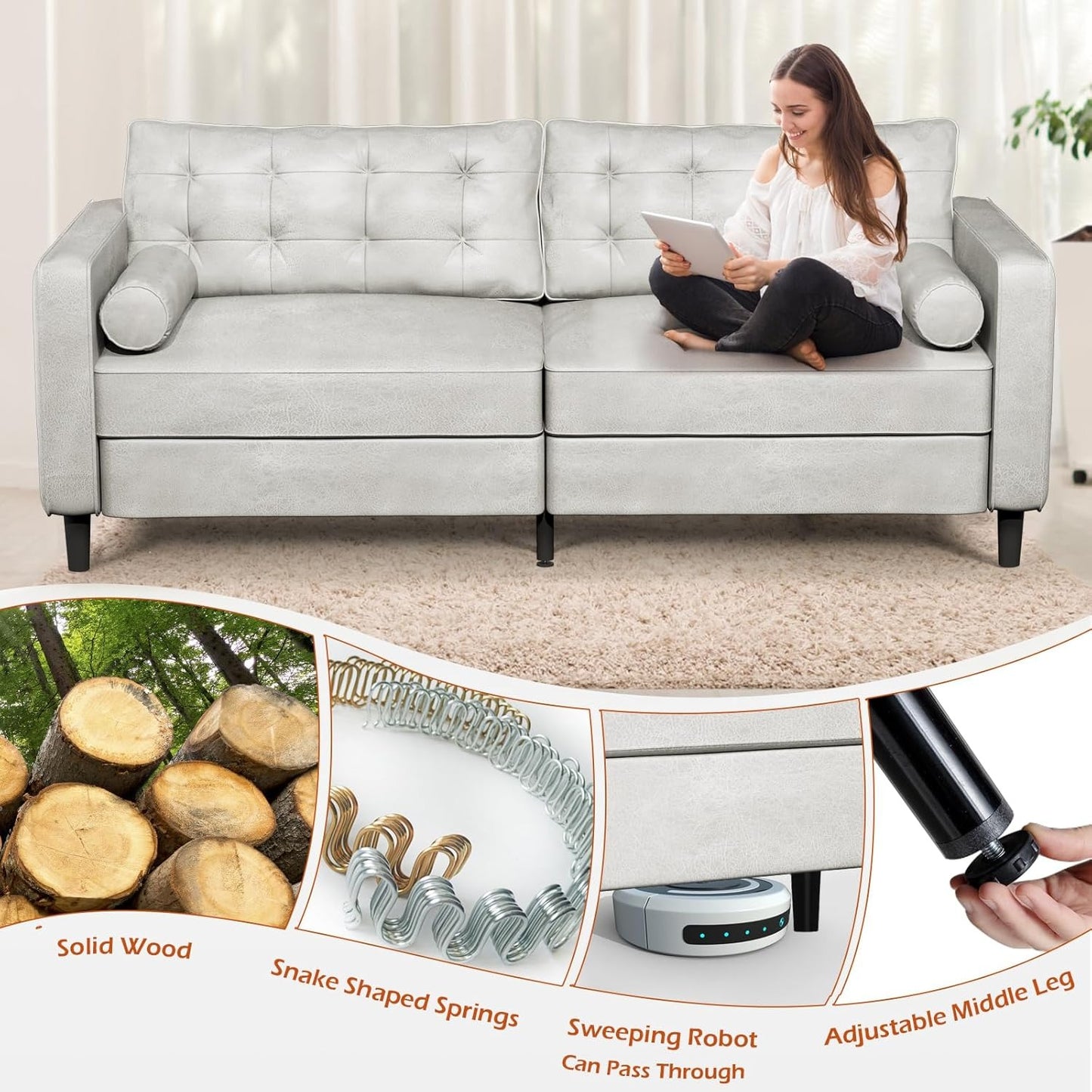 YODOLLA 84.2" 3-Seats Large Sofa Couch Couch, Faux Leather White