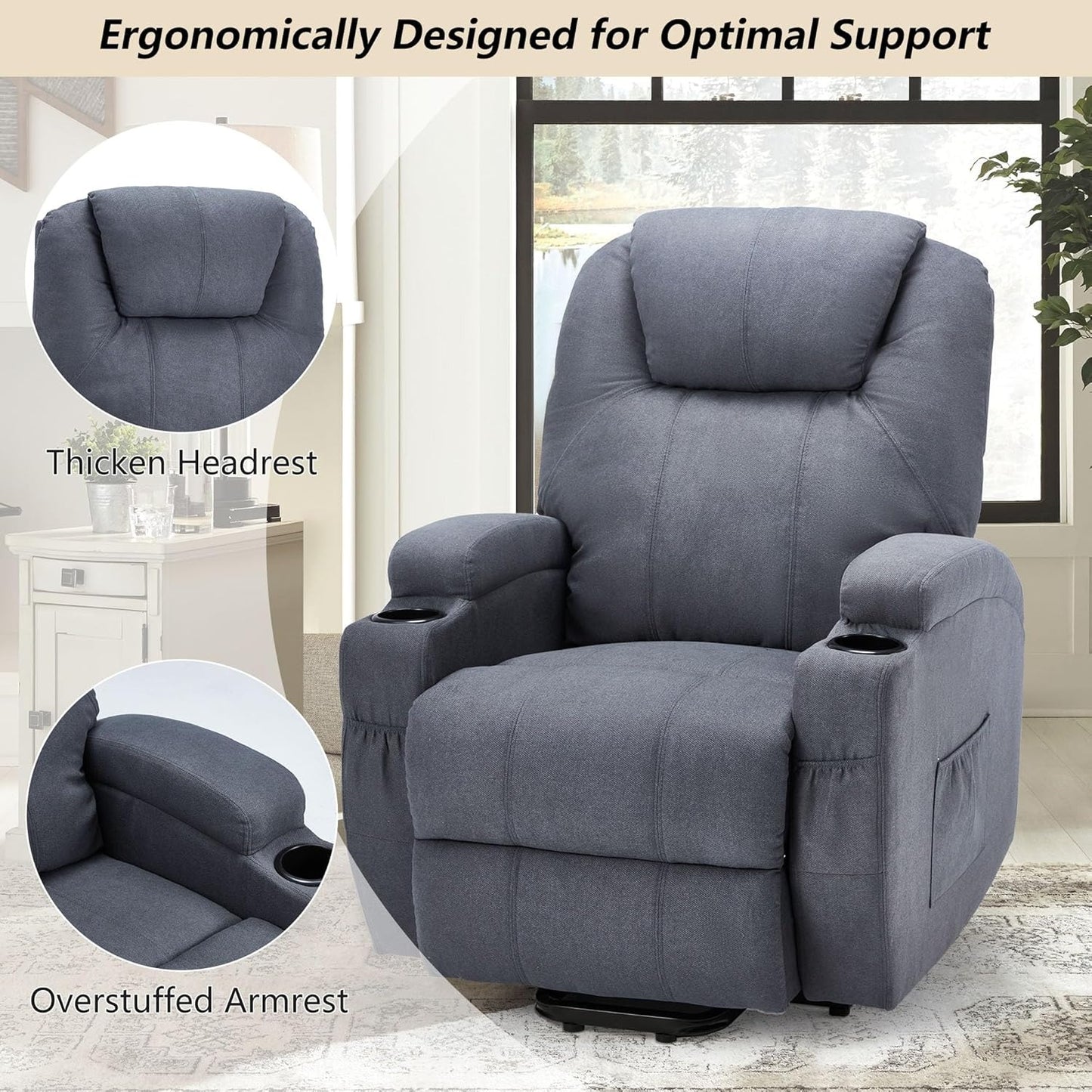 YODOLLA Power Lift Recliner Chair for Elderly with Side Pockets, Fabric, Blue
