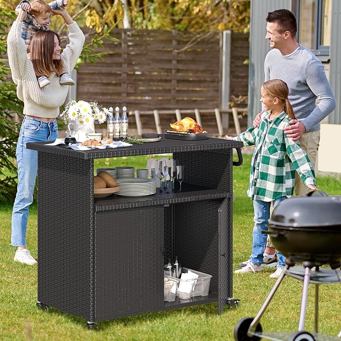YODOLLA Outdoor Bar Cart, Patio Storage Grill Cart with Handles,Black