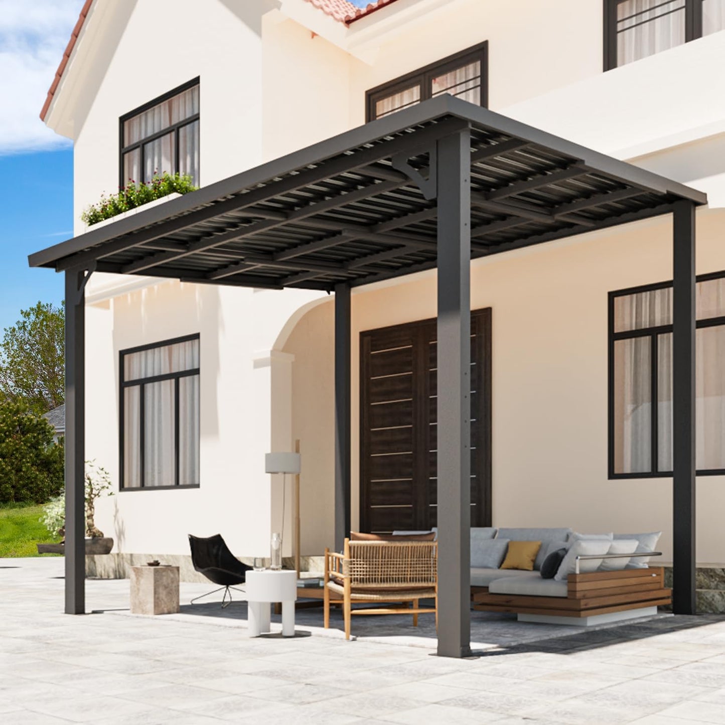 YODOLLA Pergola 10'x8' Hardtop Wall-Mounted Lean to Gazebo for Patio, Dark Grey