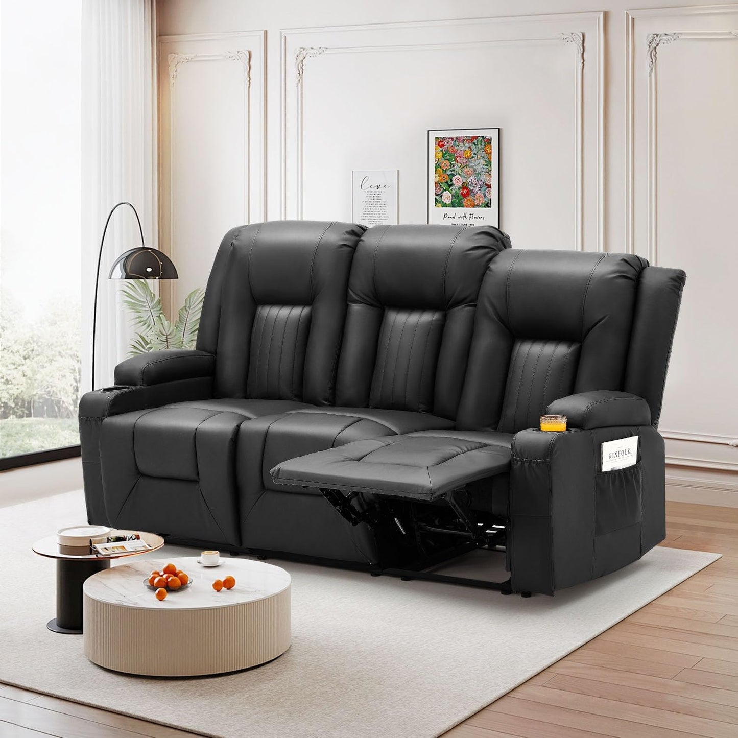 YODOLLA 3-Seat Recliner Sofa, Black Faux Leather