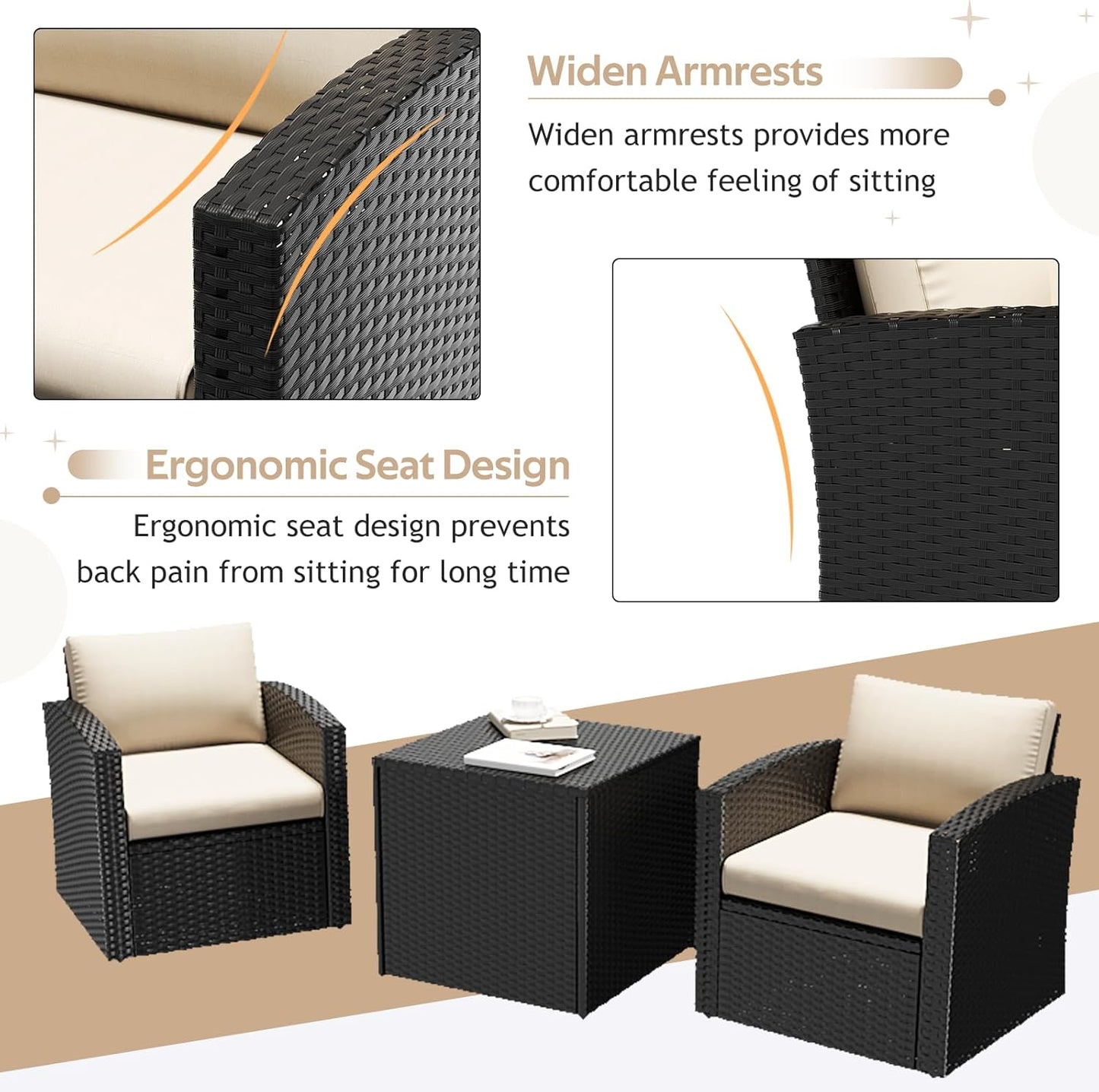 YODOLLA 7 PCS Outdoor Patio Furniture Sets with 2 Storage Boxes, Black & Beige
