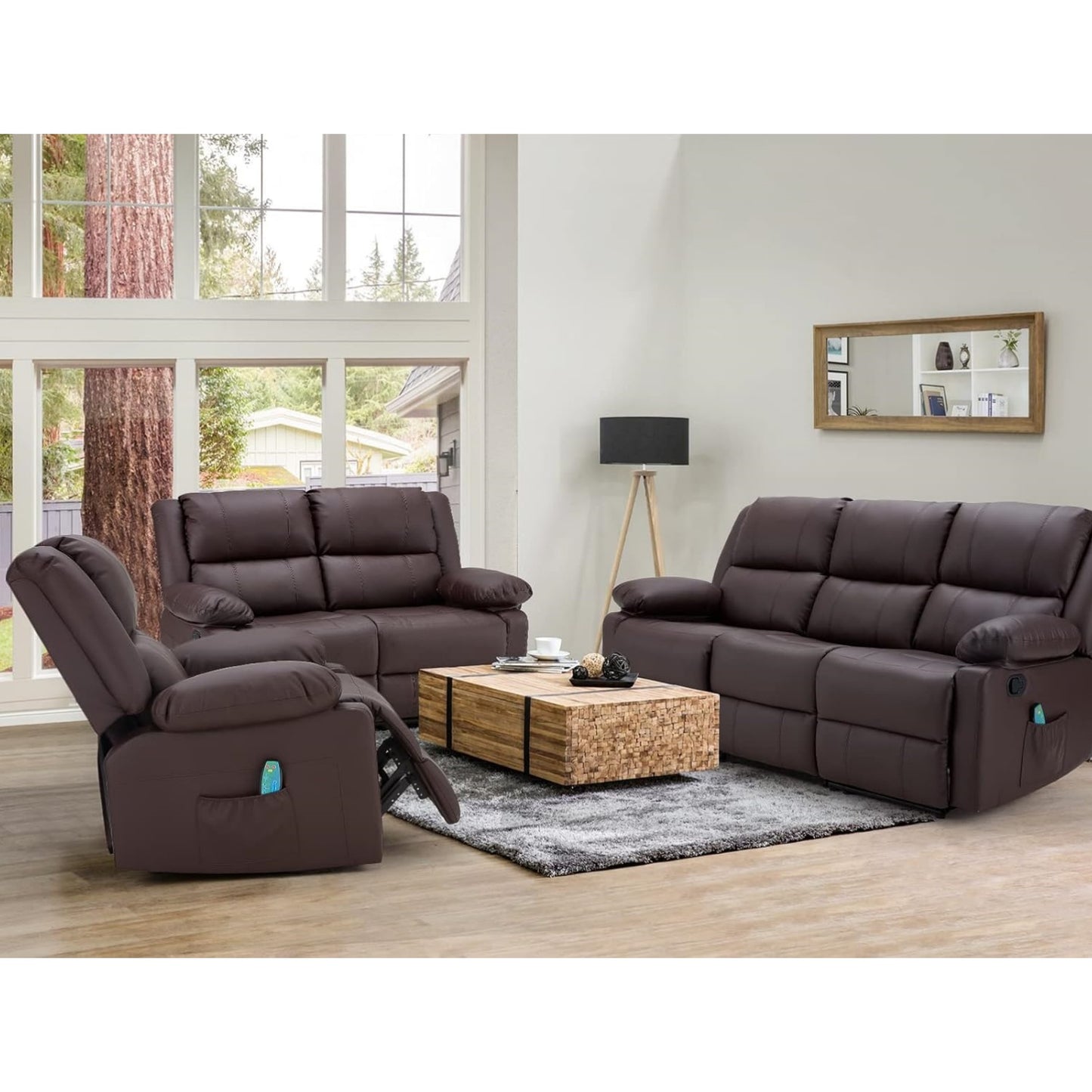 YODOLLA 3 PCS Recliner Sofa Set Overstuffed Leather Reclining Sofa, Brown