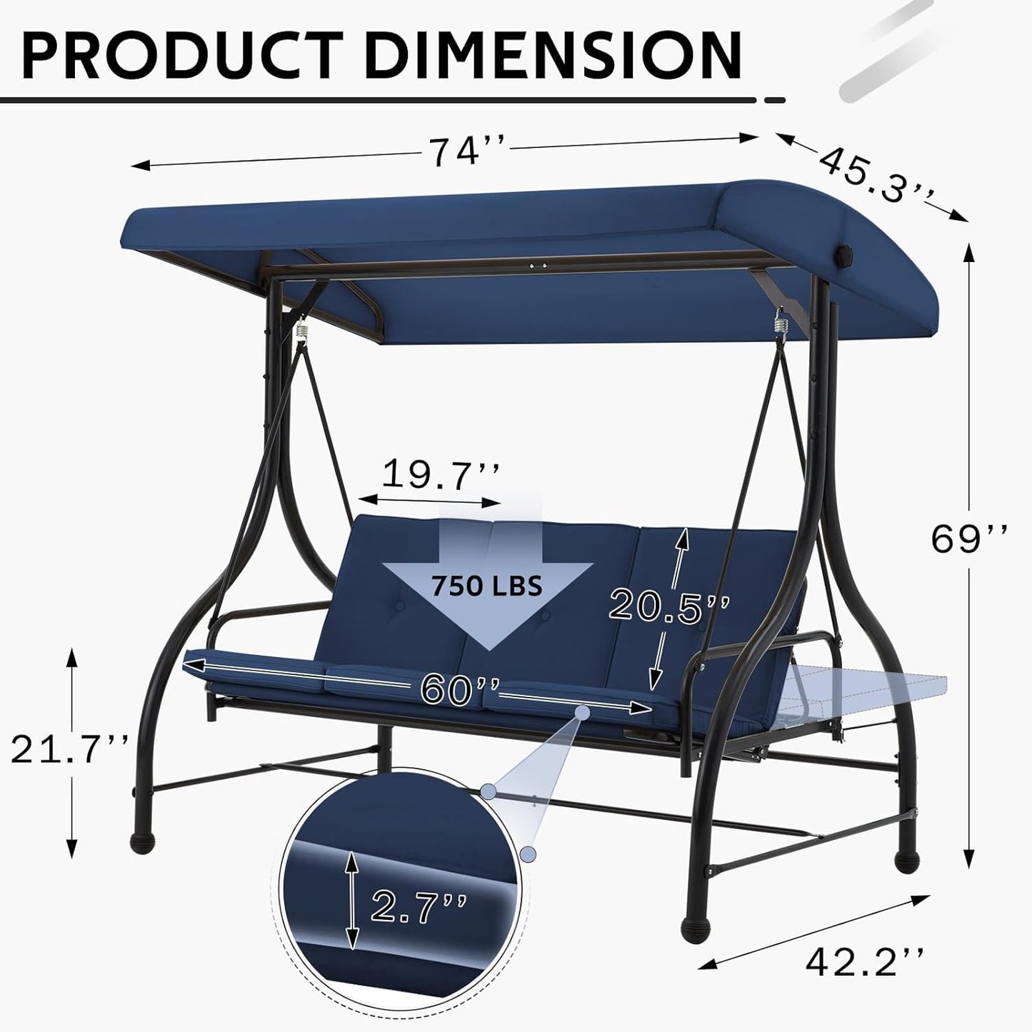 YODOLLA Outdoor Proch Swing Chair with Adjustable Backrest&Canopy