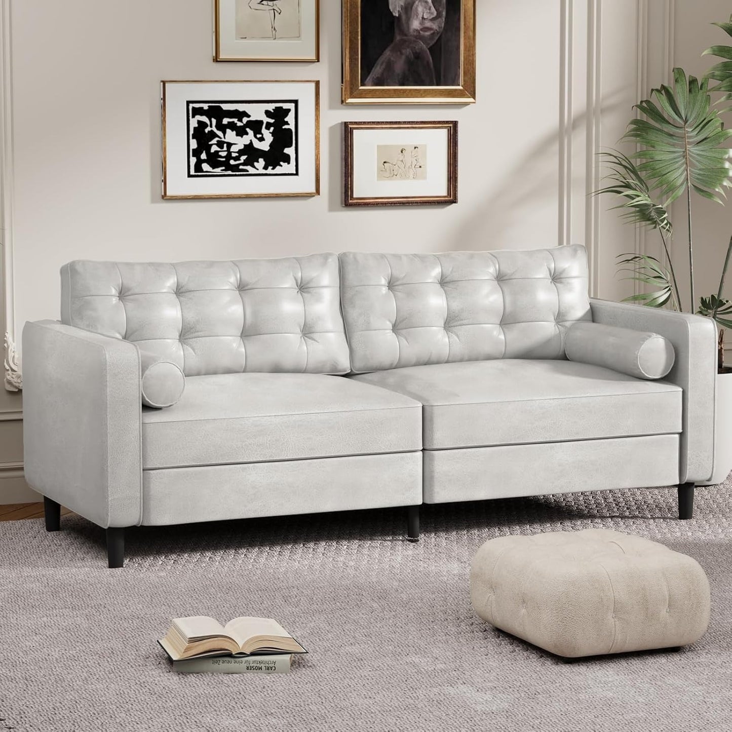 YODOLLA 84.2" 3-Seats Large Sofa Couch Couch, Faux Leather White