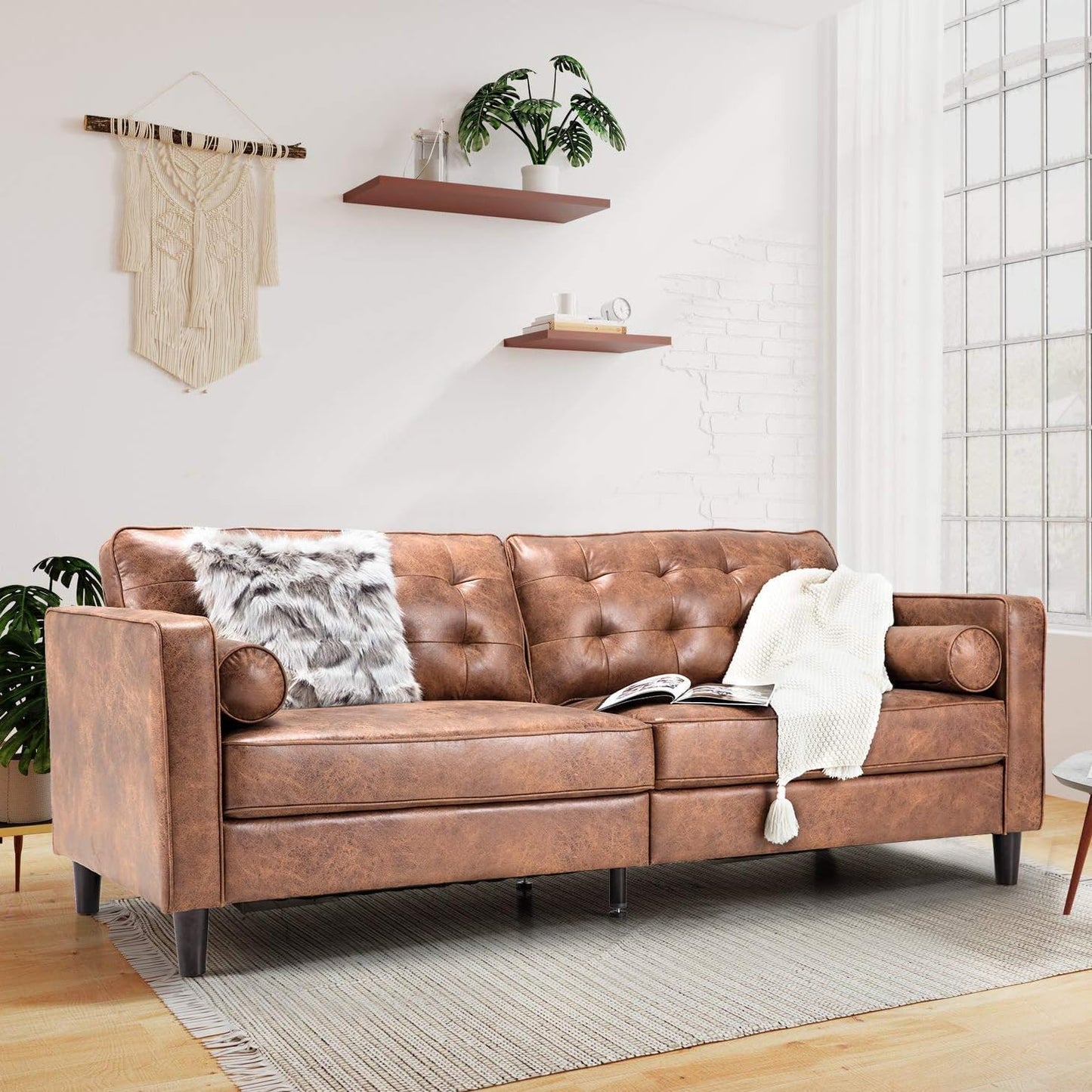 YODOLLA 84.2" 3-Seats Large Sofa Couch Couch, Faux Leather Brown