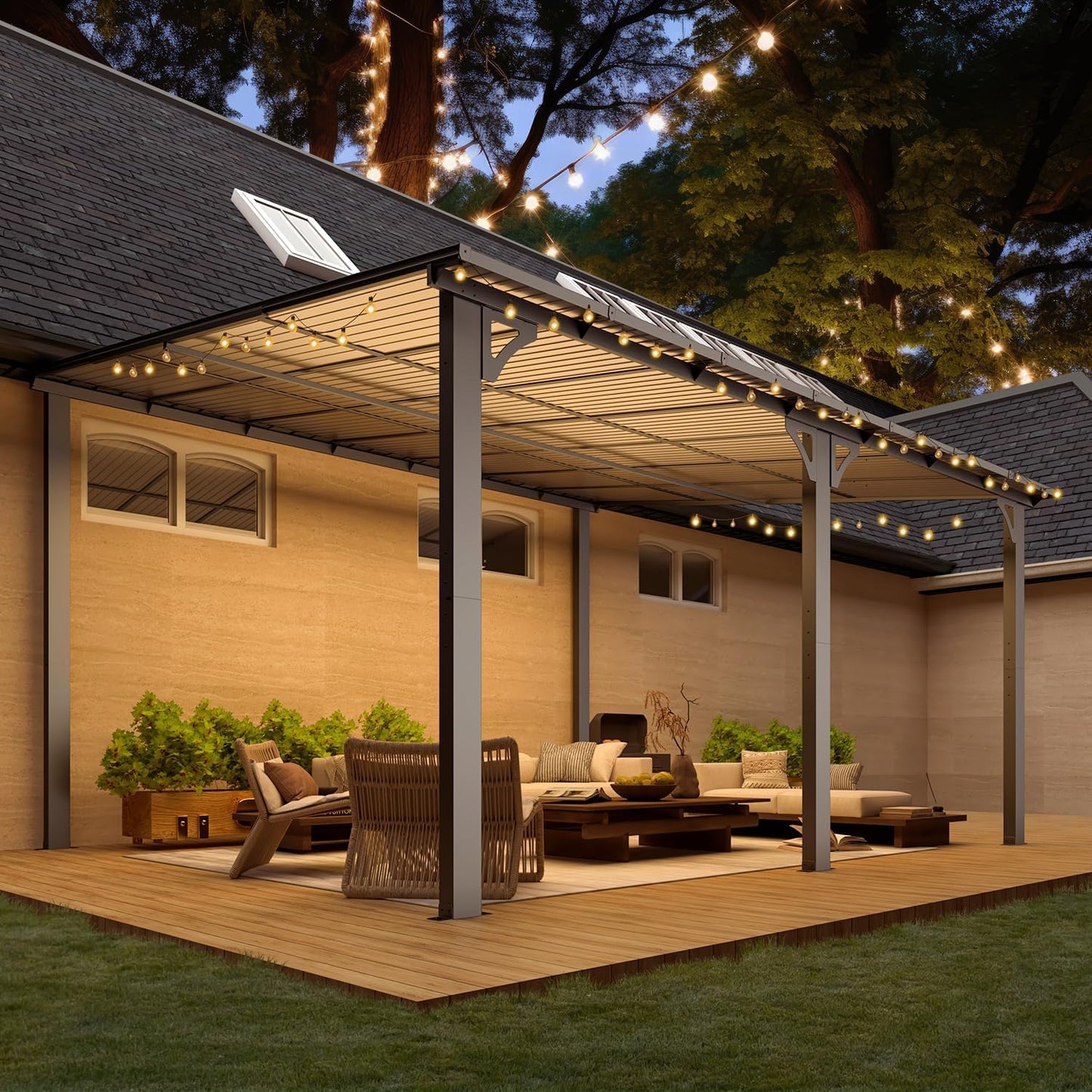 YODOLLA 14' x 12' Outdoor Pergola, Large Wall-Mounted Hard Top Gazebo, Dark Gray