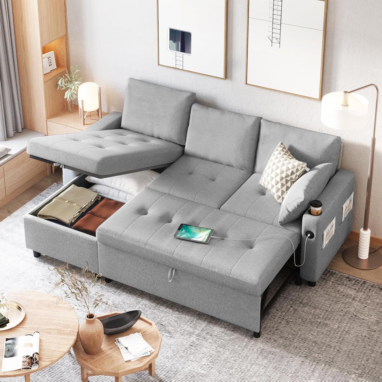 YODOLLA L-Shaped Sleeper Sofa, Pullout Bed, USB & Storage, Grey