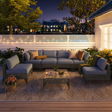 YODOLLA 7-Piece Outdoor Sofa Set, Grey Rattan & Blue Cushions