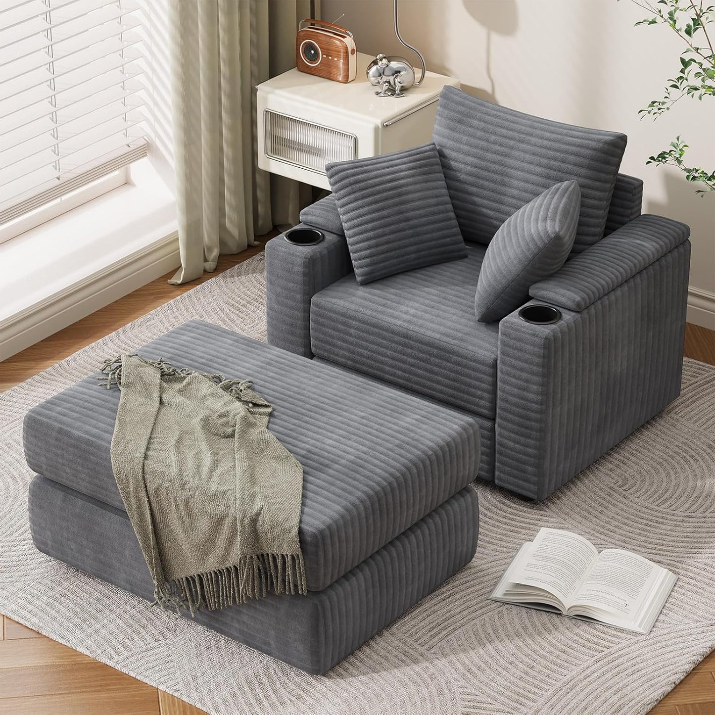 YODOLLA Chaise Lounge Chair Indoor, Oversized Sleeper Chair with Ottoman, Comfy Reading Sofa Armchair