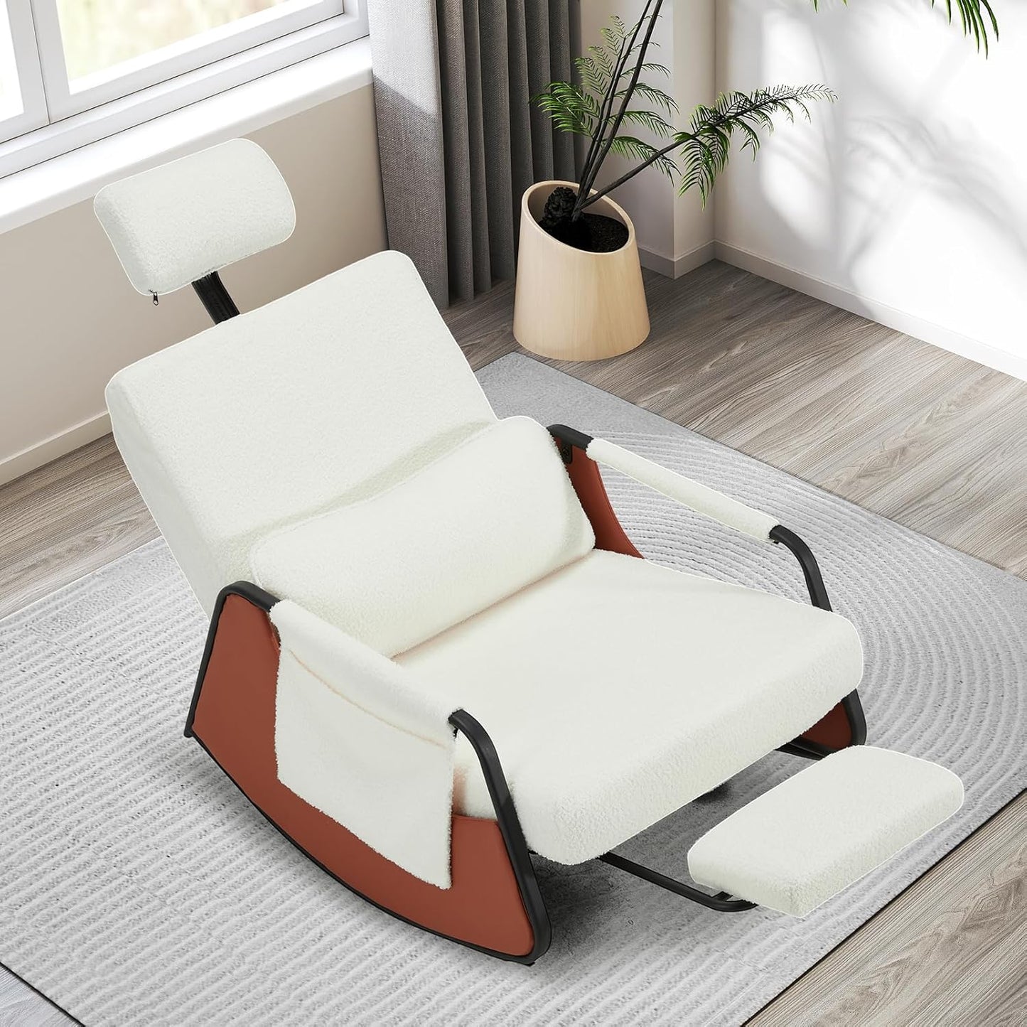 YODOLLA Retractable Gliding Rocking Chair, White Teddy Velvet Farbic