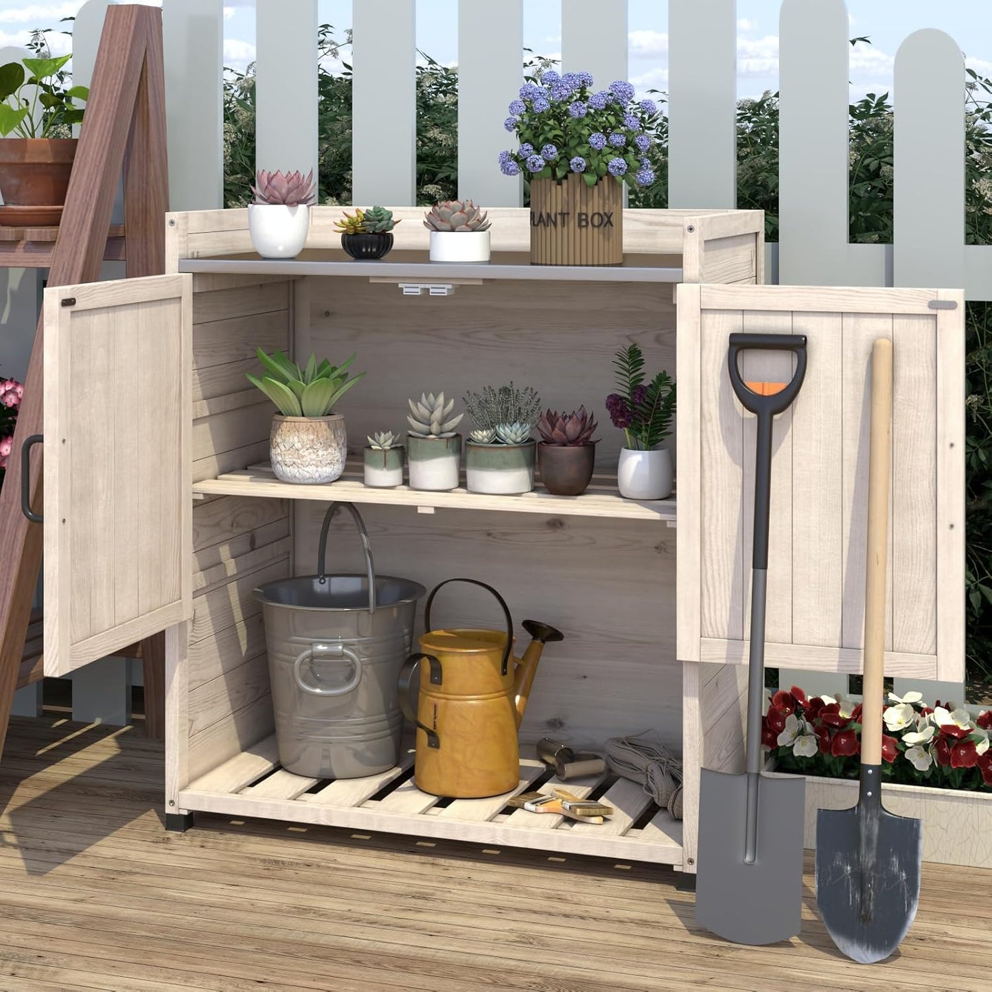 YODOLLA Potting Bench, Outdoor Wooden Storage Cabinet with Adjustable Shelf