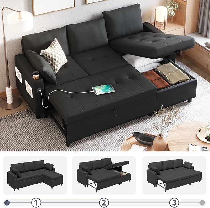 YODOLLA L-Shaped Sleeper Sofa, Pullout Bed, USB & Storage, Black