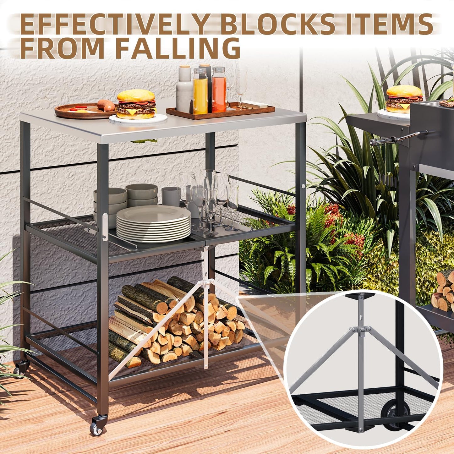 YODOLLA Stainless Pizza Oven Table with 2 Lock Casters, Silver