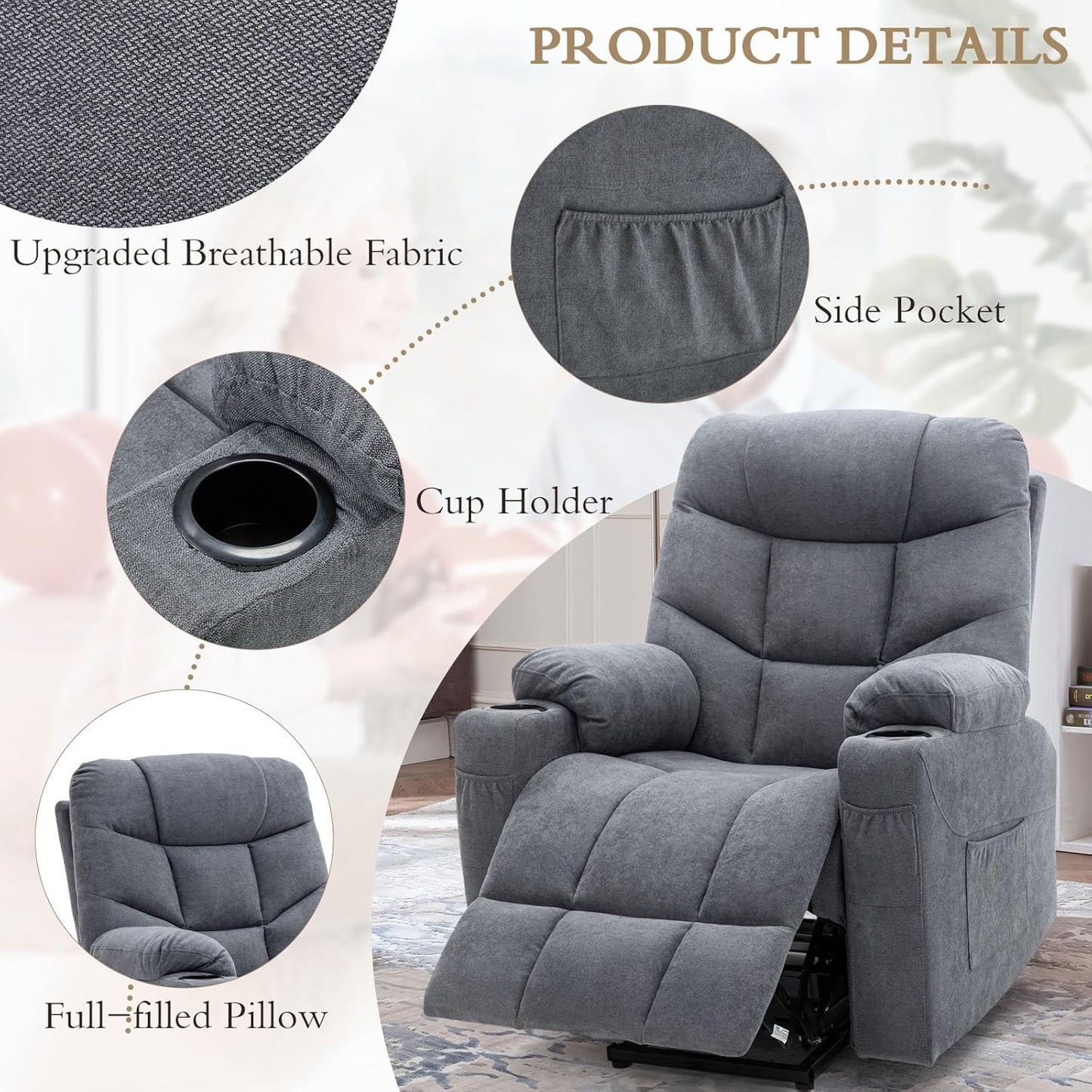 YODOLLA Massage Power Lift Recliner for Elderly, Linen Fabric, Blue Grey