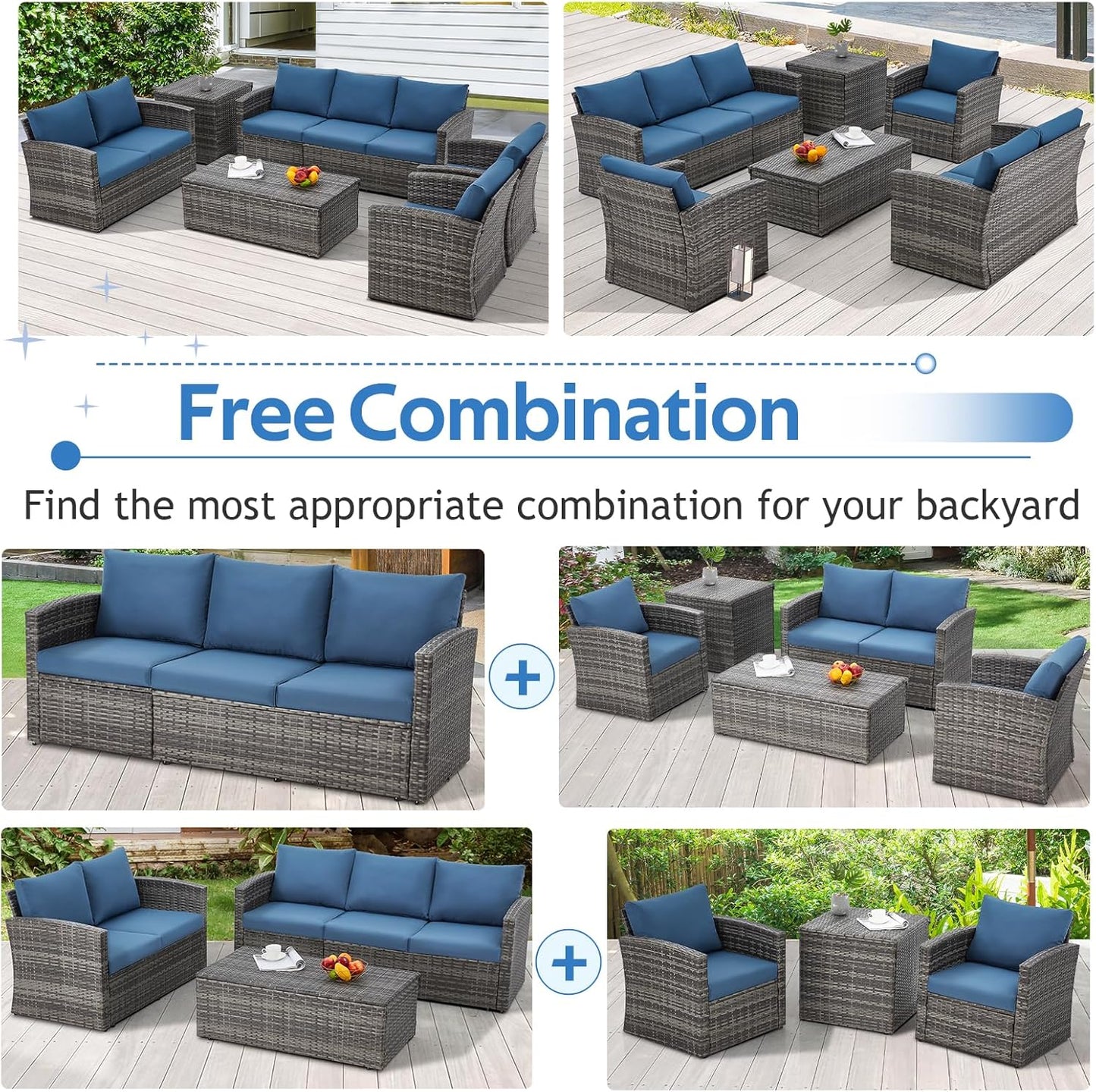 YODOLLA 7 Pieces Patio Furniture with Two Storage Boxes, Grey & Dark Blue