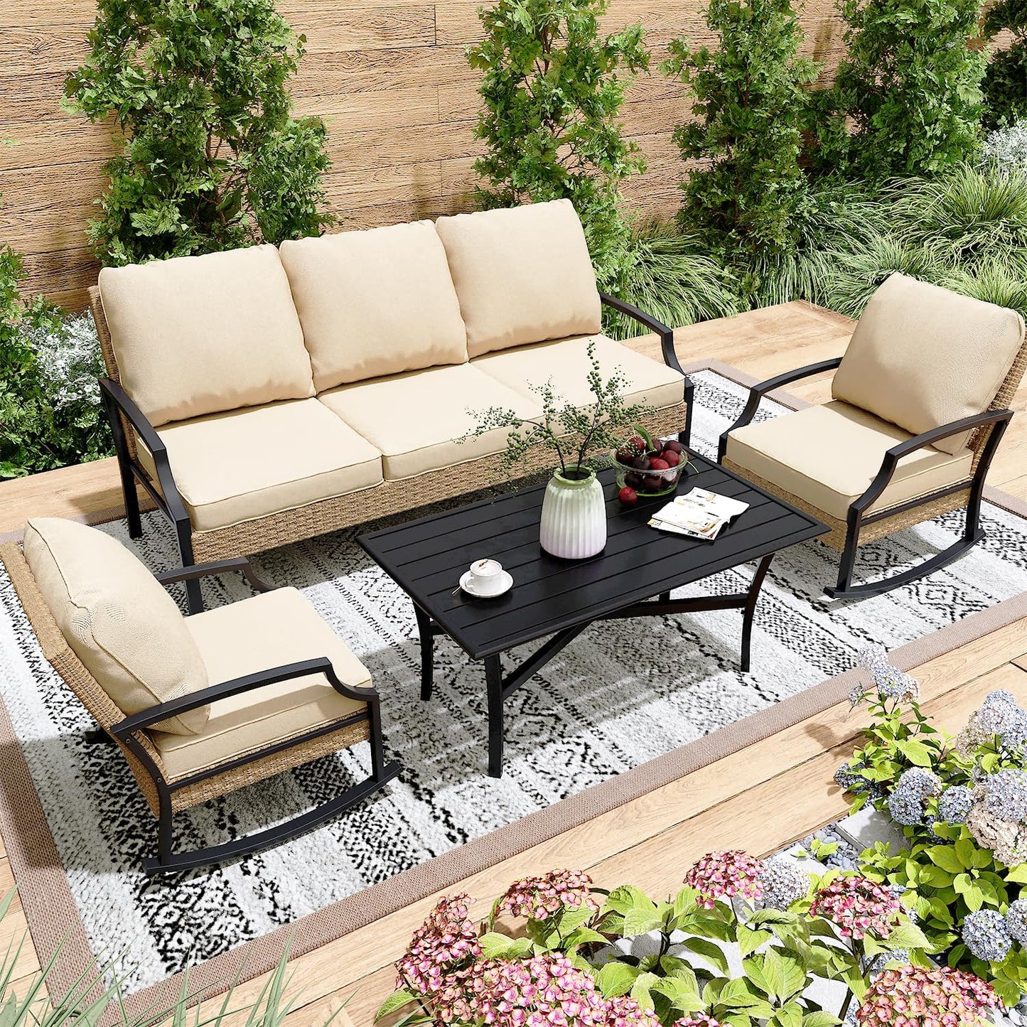 YODOLLA Outdoor Patio Furniture Set, 4 Piece Rattan Conversation Bistro Set with Coffee Table
