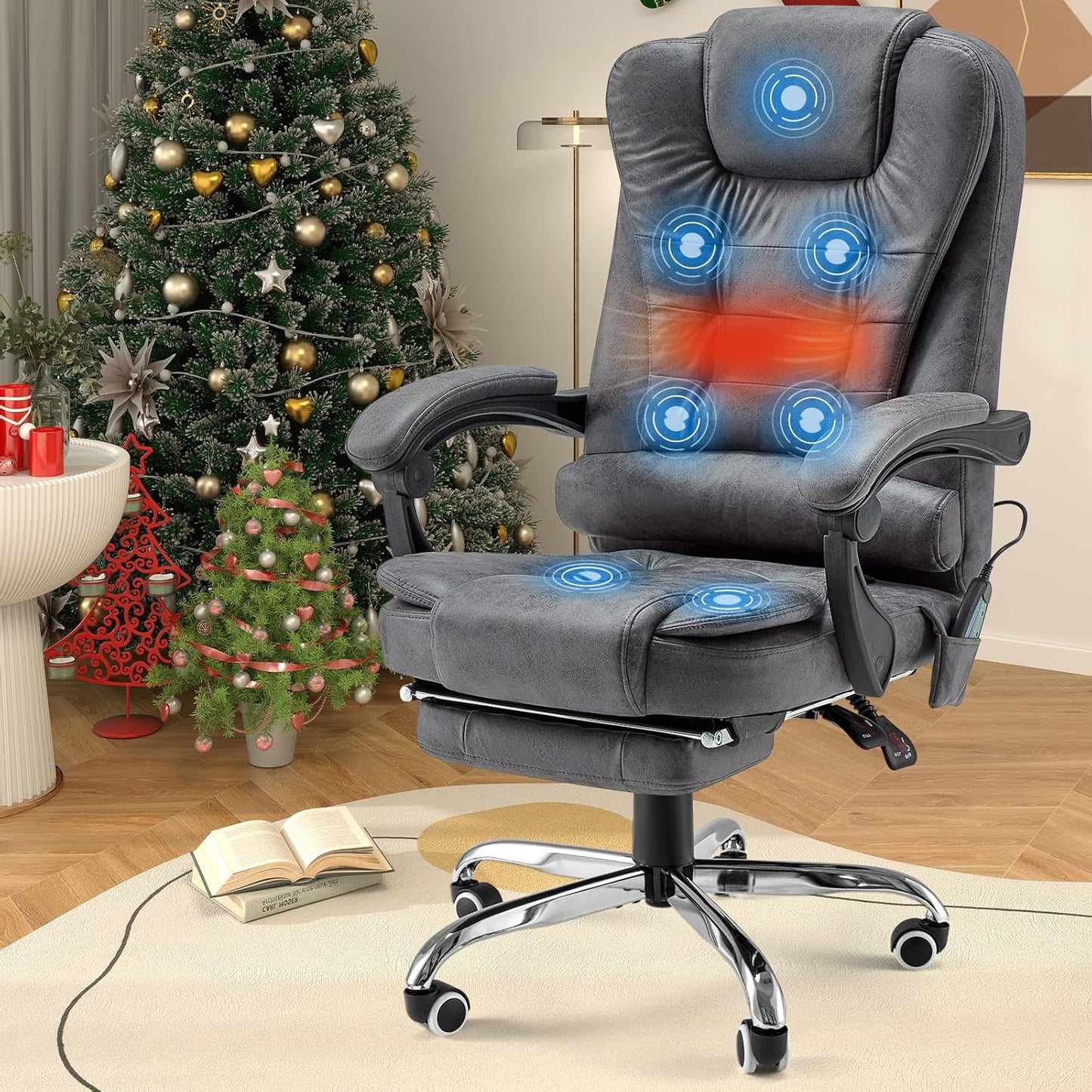 YODOLLA Massage Office Chair with Heat w/Retractable Footrest, Grey Leathaire