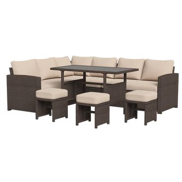 YODOLLA 7-Pc Patio Set, Brown Rattan & Khaki Cushions