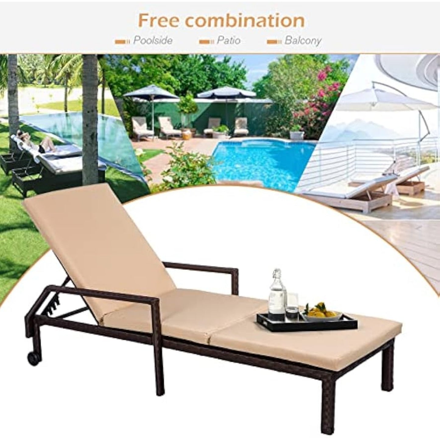 YODOLLA Outdoor Lounge Chairs, Brown Rattan with Beige Cushion