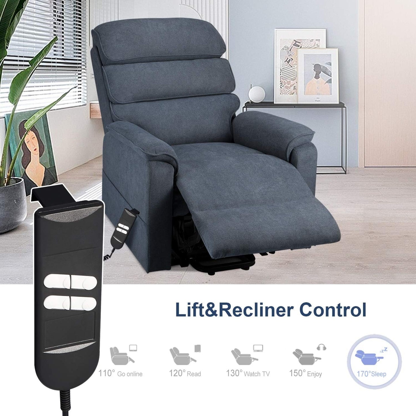 YODOLLA Electric Dual Motor Power Recliner Lift Chair for Elderly, Textile, Blue