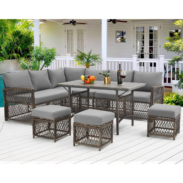 YODOLLA 7 Pieces Wicker Conversation Set with Ottoman Patio Furniture Set, Grey