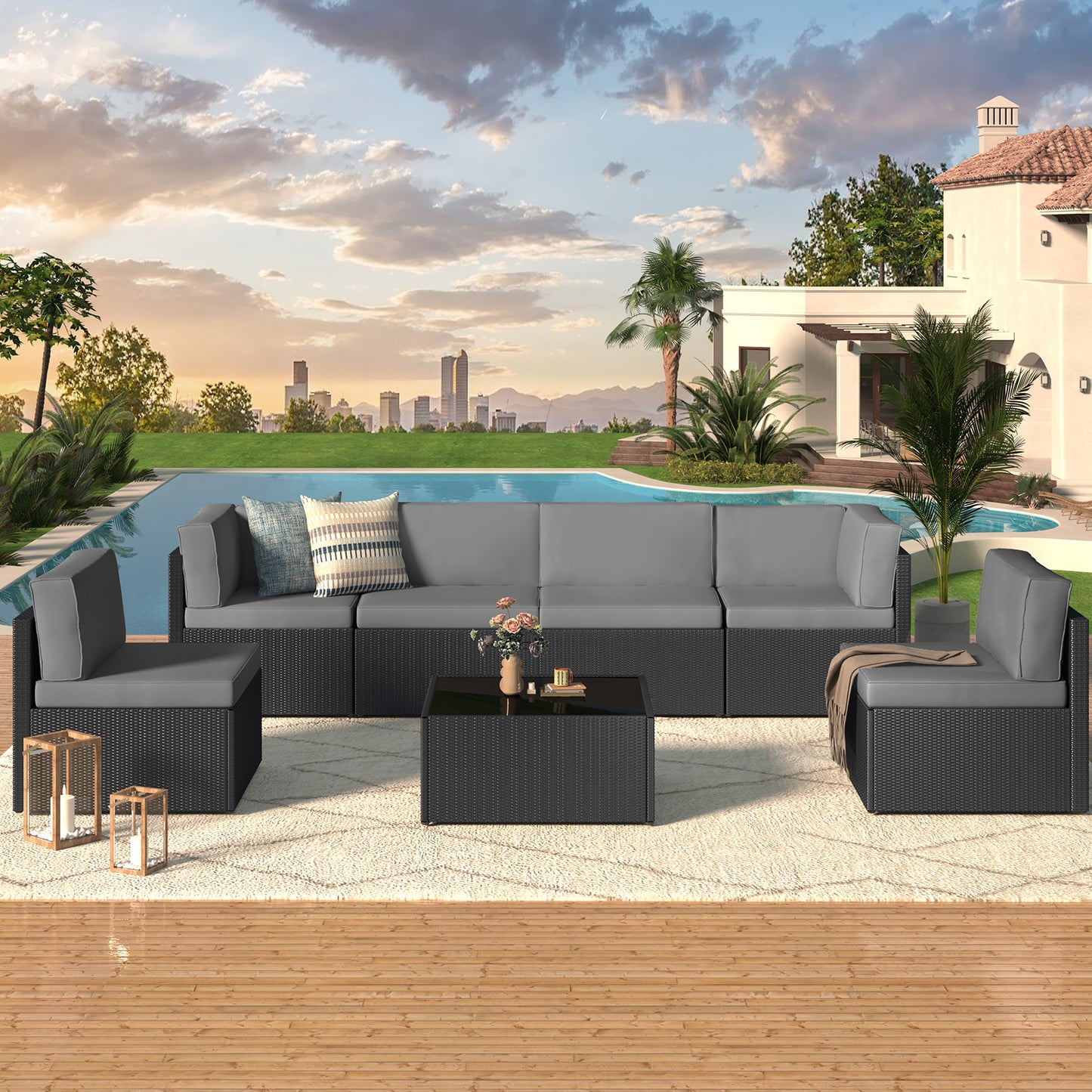YODOLLA 7 Piece Outdoor Patio Furniture Set with 30 Inch Fire Pit Table, Black Rattan Dark Grey Cushion