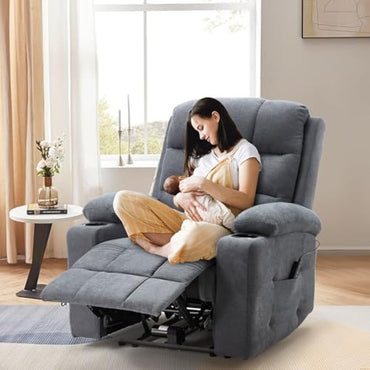 YODOLLA Wide Armrests Electric Recliner Nursery Chair, Linen Leather, Gray Blue
