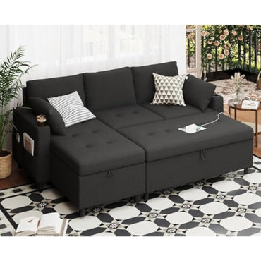 YODOLLA Teddy Velvet L-Shaped Sleeper Sofa, Pullout Bed, USB & Storage, Black