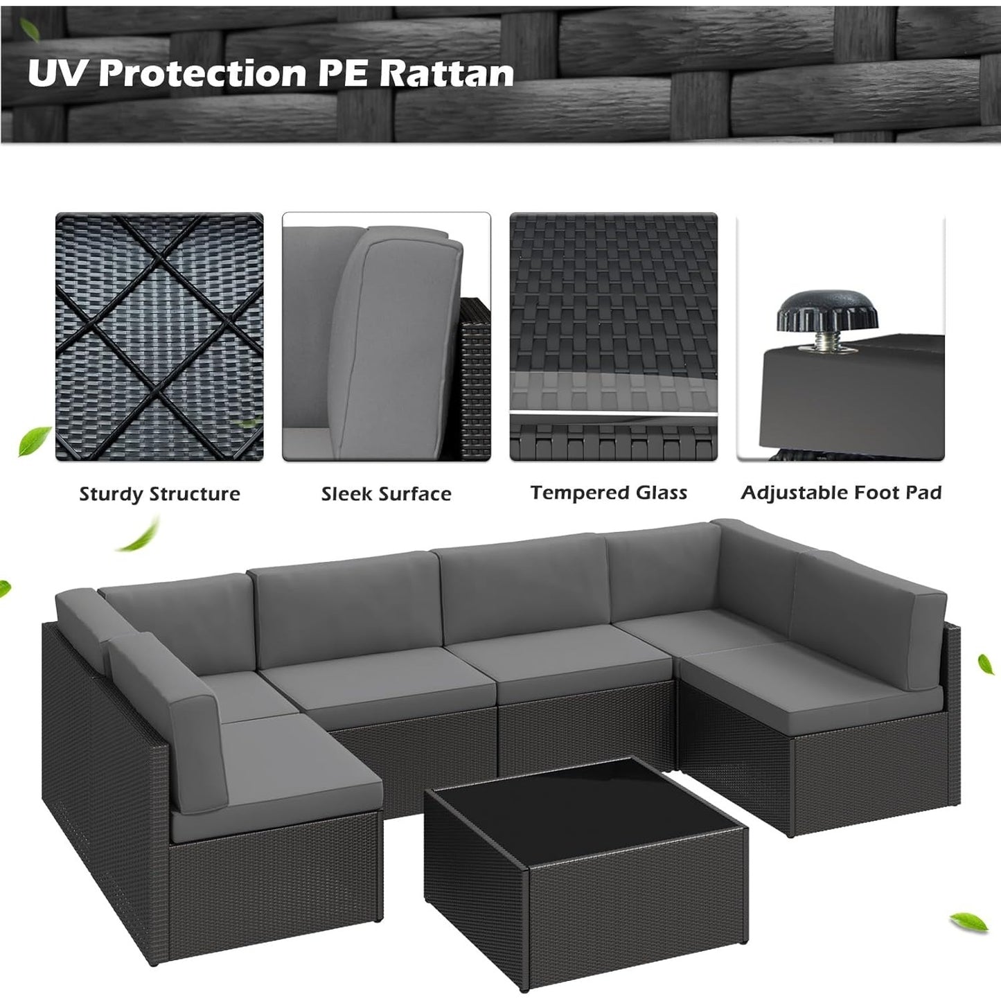 YODOLLA 7 Piece Outdoor Patio Furniture Set, Black & Gray