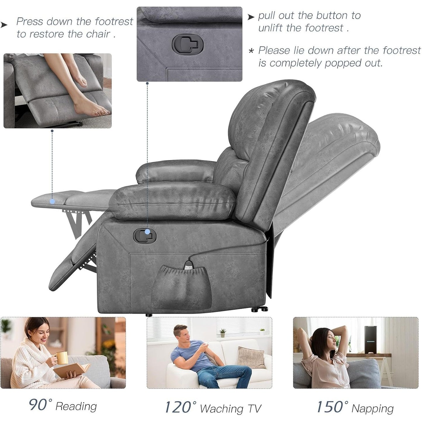 YODOLLA Reclining Sofa 3-Seater Couch, Gray