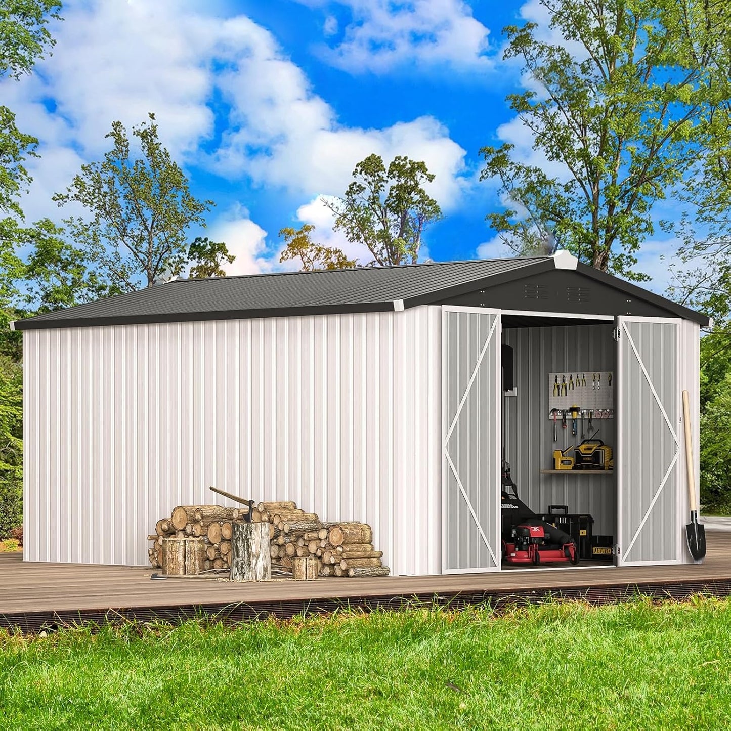 YODOLLA 10x14 Metal Outdoor Storage Garden Shed, White