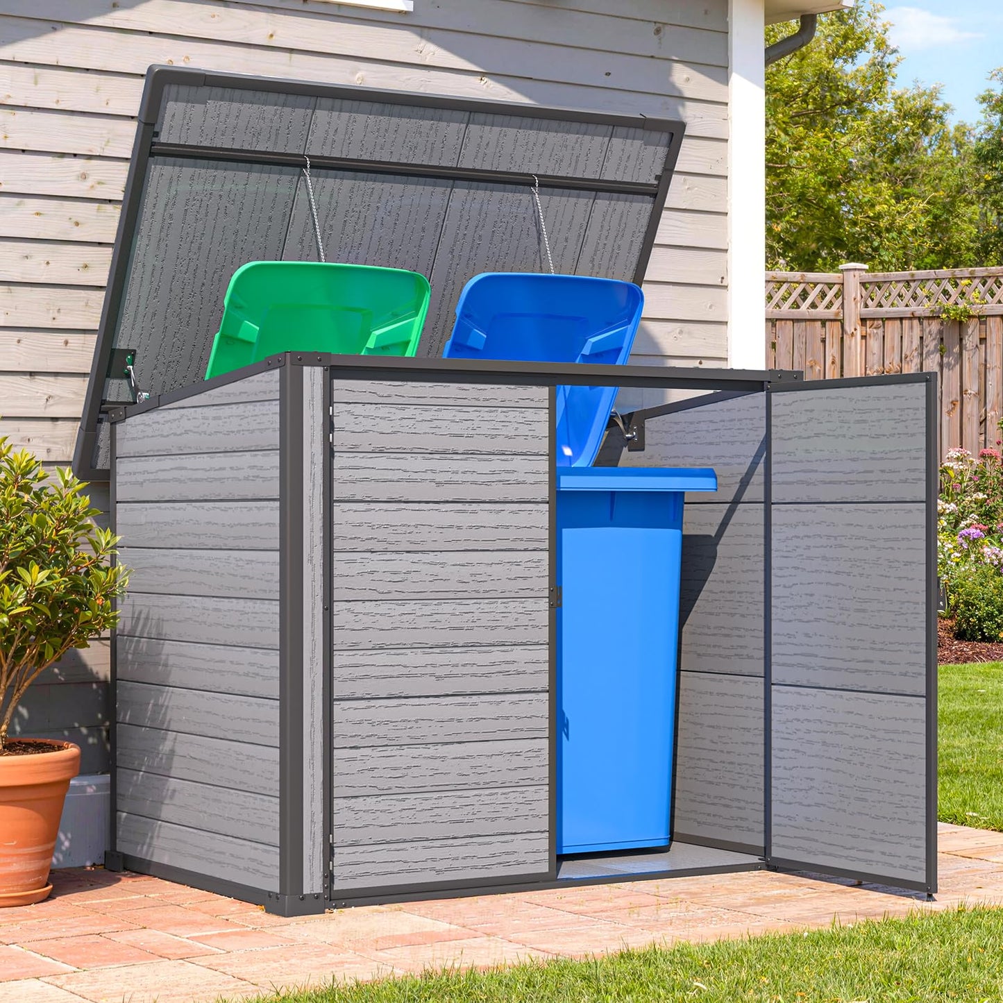 YODOLLA Outdoor Resin Trash Can Storage Shed with Reinforced Floor