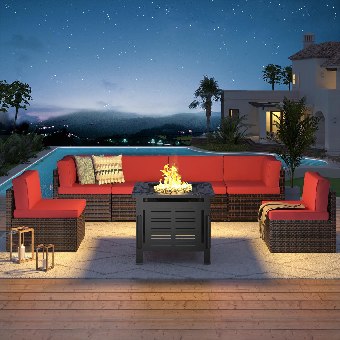 YODOLLA 7 Piece Outdoor Patio Furniture Set with 30 Inch Fire Pit Table, Brown Rattan Red Cushion