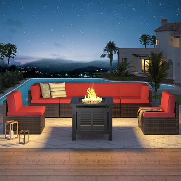 YODOLLA 7 Piece Outdoor Patio Furniture Set with 30 Inch Fire Pit Table, Brown Rattan Red Cushion