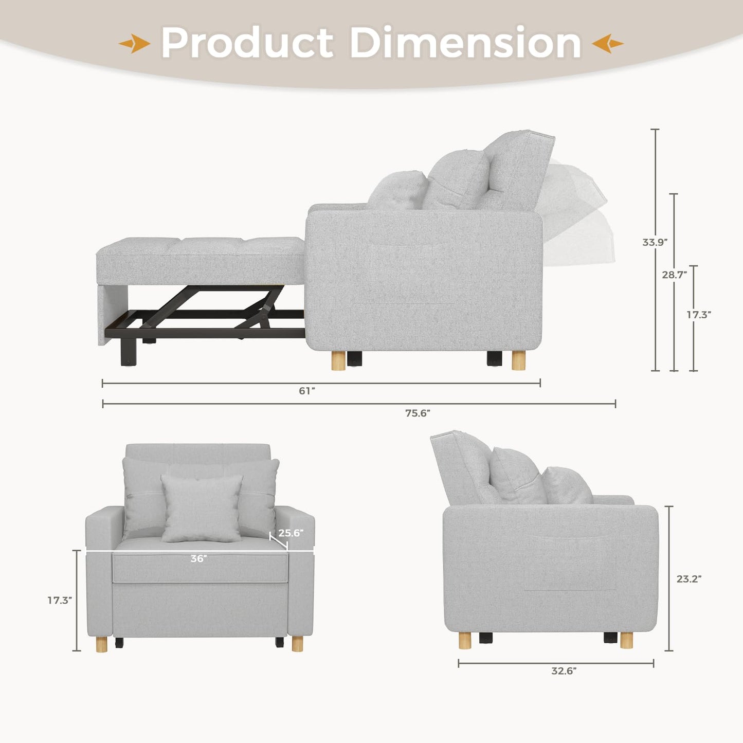 YODOLLA 36" Convertible Chair Bed, Gray